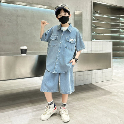 New Casual Kids Child Summer Denim Suit for Teenage Boy High Fashion Short Sleeve Shirt + Shorts 2 Pieces Clothing Set Age 5-14Y