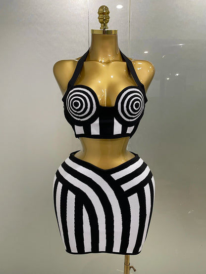 2025 New Women Celebrity Sexy Jacquard Black White Two Piece Bodycon Striped Bandage Skirt Set Designer Evening Party Dress