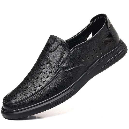 Spring Summer New Hallow Breathable Loafers for Men Fashion Casual Leather Shoes Male Solid Color Soft Sole Designer Shoes Man