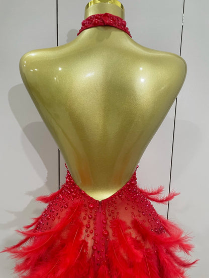 Women Luxury Rhinestones Pearls Feathers Halter Backless Short Dress Women Sexy Celebrate Birthday Dress Nightclub Stage Costume