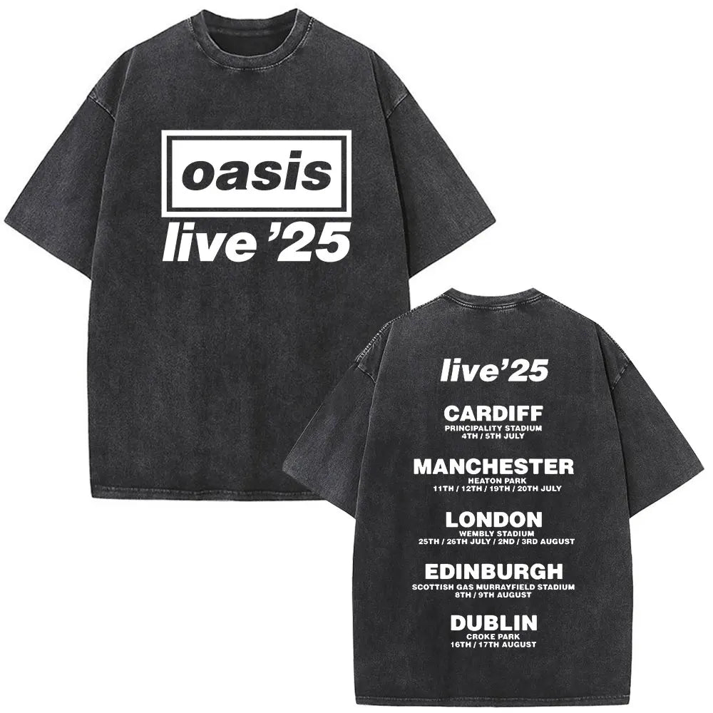 O-Oasis T-Shirts British Rock Band Vintage Washed T-shirt Men Women Clothing Cotton Casual Short Sleeve T Shirts Tops Streetwear