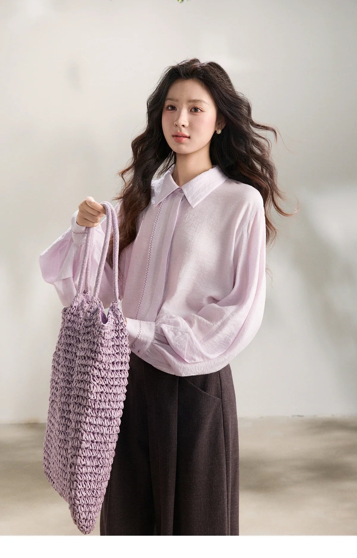 Women's Lapel Lantern Sleeve Shirts 2026 Spring Lace Trim Casual Loose Breathable Solid Shirt Office Lady MXF13C2436