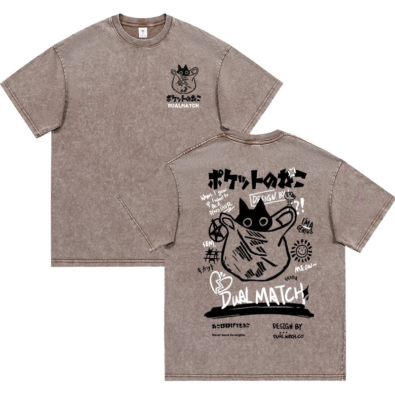 Men Women Cartoon T-Shirt Vintage Summer Harajuku Kawaii Cat Print Short Sleeve Tees Couple Streetwear Loose Clothes Cotton Tops