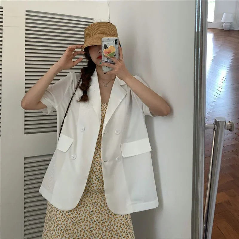 2025 Women's Summer Short-sleeved Jacket Casual All-match Loose Double-breasted Blazers Coat Woman Korean Chic White Blazer