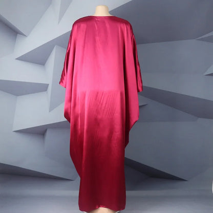 Fashion African Woman Large Size Bat Sleeve Dress Muslim Islamic Style Robe Imitation Silk Hot Fix Rhinestone