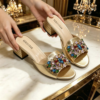 2026 Silver Rhinestone Mules Matching Bag Set Women Peep Toe Block Heel Sandals Wedding Evening Crossbody Handbag