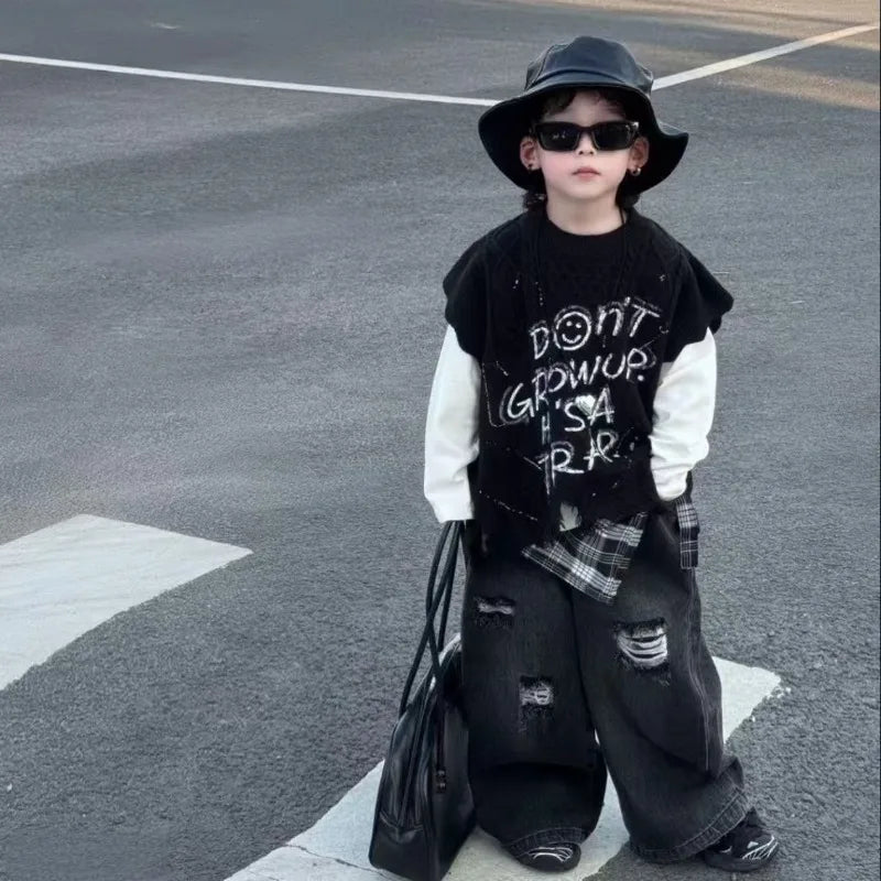 2026 Spring Fall Outfits Baby Kid Boys Knitted Letter Graffiti Vest+ Long Sleeved T-shirt +Grid Fart Curtain Hole Pants 3pcs Set