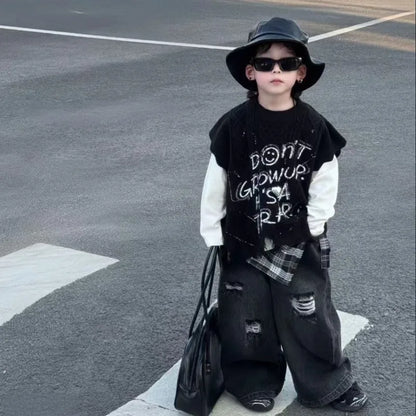 2026 Spring Fall Outfits Baby Kid Boys Knitted Letter Graffiti Vest+ Long Sleeved T-shirt +Grid Fart Curtain Hole Pants 3pcs Set