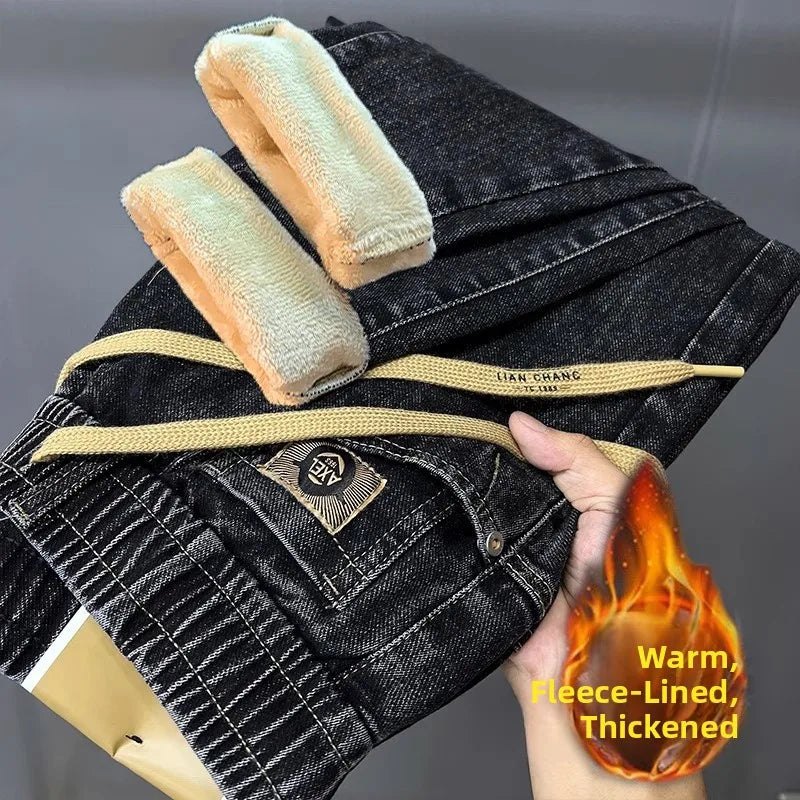 Warm Fleece Lined Elastic Waist Casual Straight Leg Men's Jeans Premium Quality Autumn Winter Thickened Stretch Denim Pants