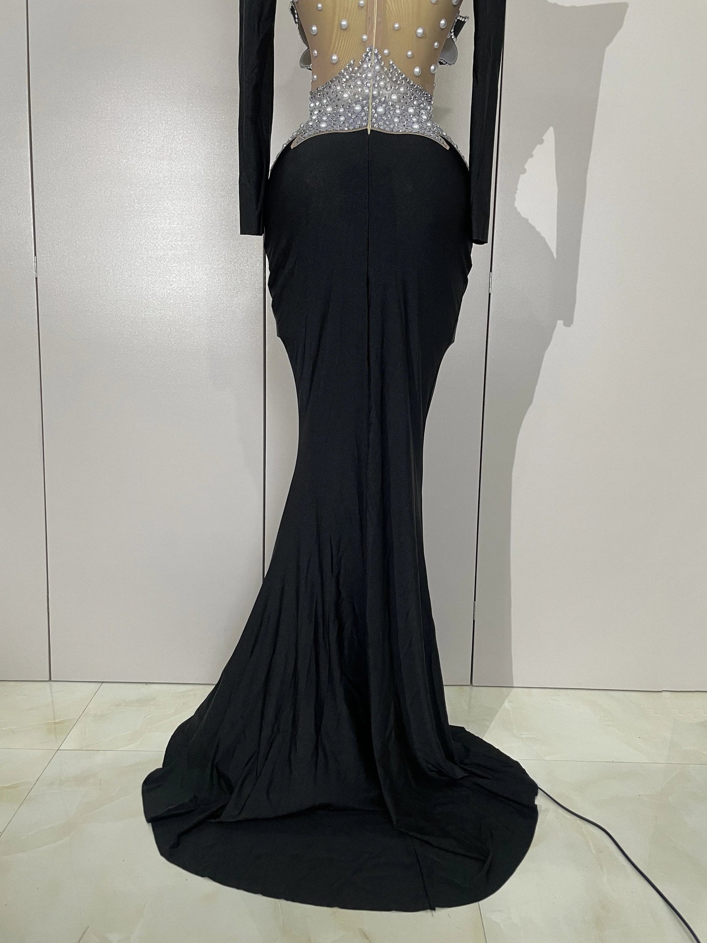 Luxury Sparkly Diamonds Pearl White See Through Mesh Long Dress Women Wedding Evening Party Stage Performance Photoshoot Dress