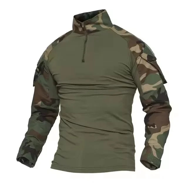 Men's Long Sleeve Combat Shirt Zipper Ripstop Cotton Tactical Shirts Navy Blue Camoufalge Airsoft T Shirts