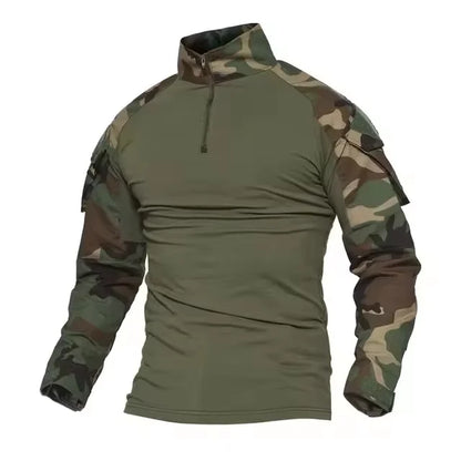 Men's Long Sleeve Combat Shirt Zipper Ripstop Cotton Tactical Shirts Navy Blue Camoufalge Airsoft T Shirts