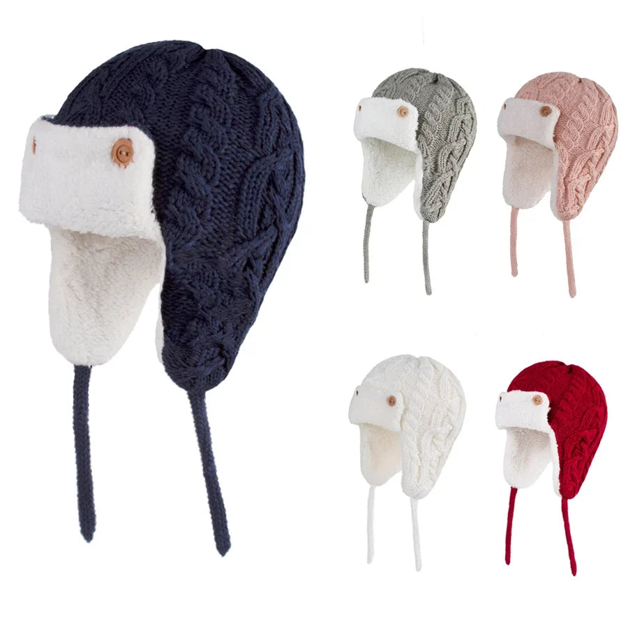 Toddler Kids Baby Winter Knitted Bomber Hat Fleece Lined Warm Cute Beanie for Boys Girls