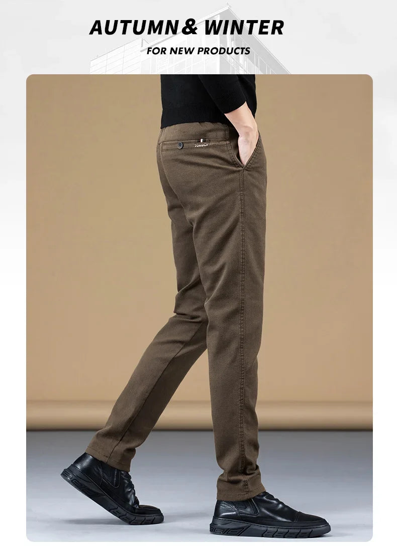 Stretch Fleece Casual Pants Men Korean Thickened Straight Thermal Velvet Pants Male Winter Business Soft Slim Fit Trousers