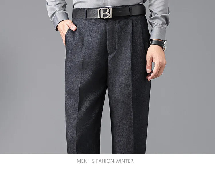 High Waist Suit Pants Men Autumn Thicken Double Pleated Straight Loose Formal Men Trousers High Quality Black Size 29-42 44 46