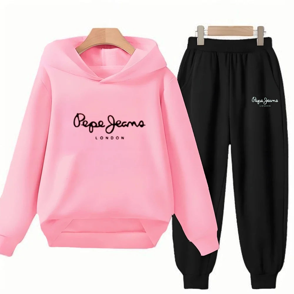 Boy Girls Children's Hoodies Suit Tops+Bottom Toddle Black Sweatshirr White Child 3-12 Year Pink Fashion Printing Coat Clothing