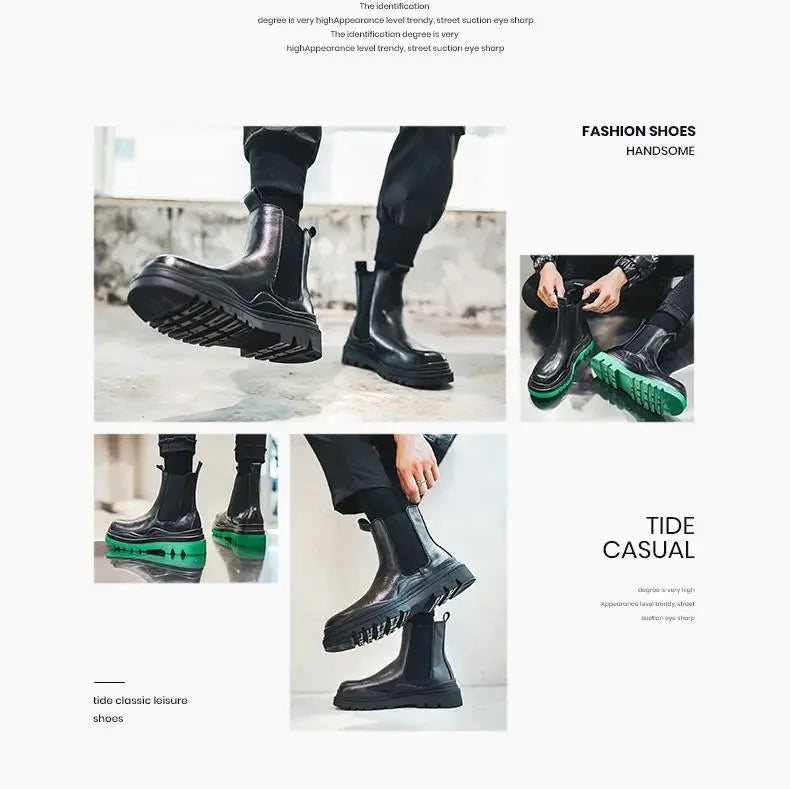 Fashion Mens Sheoes Platform Chelsea Boots Thick Bottom Split Leather Ankle Boots Male Footwear Round Toe Short Boots