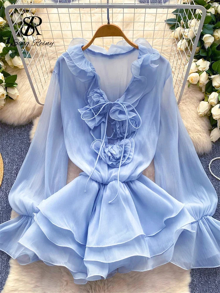 3D Floral Beach Short Dress Female Long Sleeves Lace Up Ruffle Chiffon Cake Sundress Sheer Sexy Vintage Bohemian Dress
