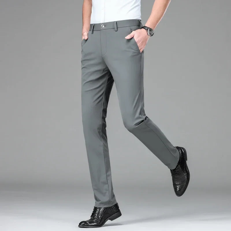 New Summer Men's Ice Silk High Stretch Business Suit Pants Male Army Green Blue Elastic Formal Office Straight Formal Trousers