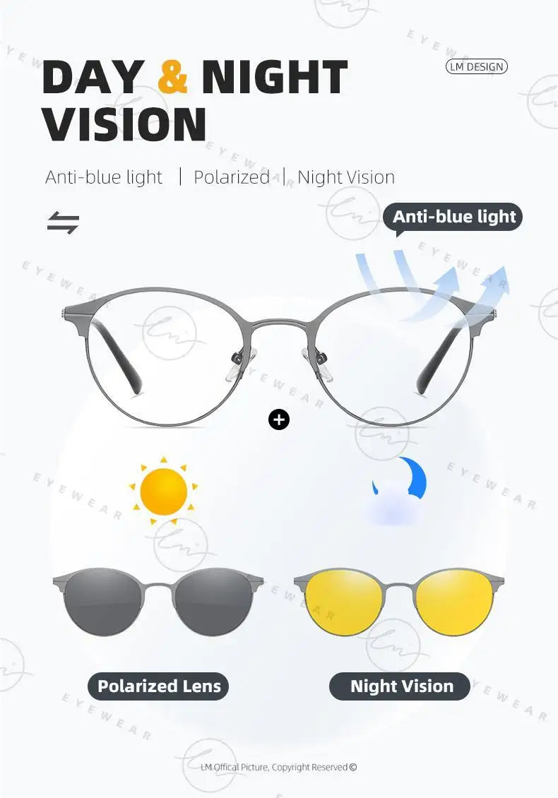 Magnetic Sunglasses Men Women Polarized Clip On Sun Glasses Frame Vintage Multifunctional lens Day Night Vision Eyewear UV400