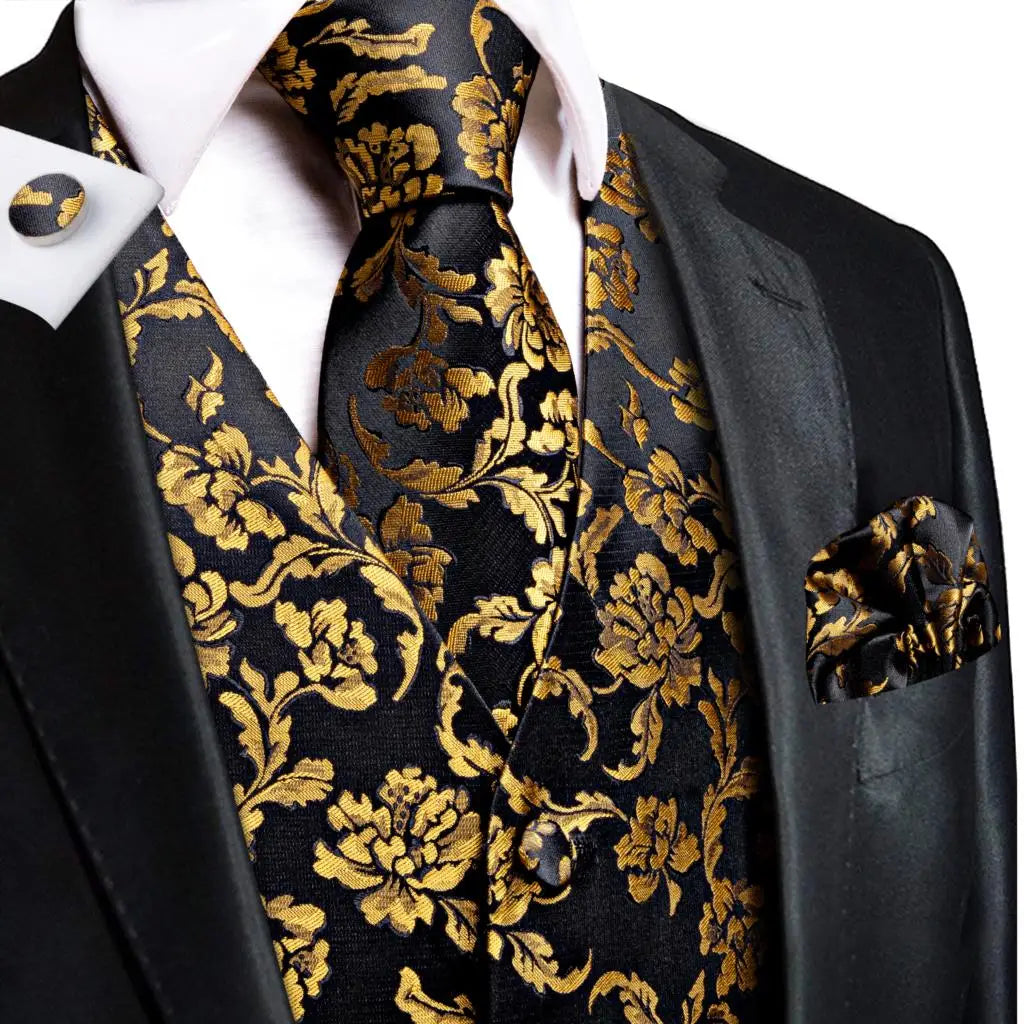 Navy Blue Mens Silk Vests Business Paisley V-Necl Waistcoat Tie Hanky Cufflinks Brooch Set for Men Suit Wedding Formal Hi-Tie