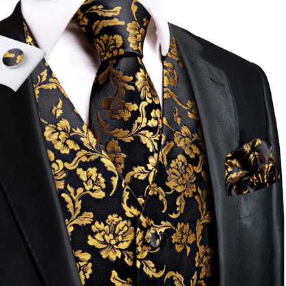 Luxury Mens Vests Black Gold Floral Jacquard Waistcoat Tie Hanky Cufflinks Brooch Set for Men Suit Wedding Office XL