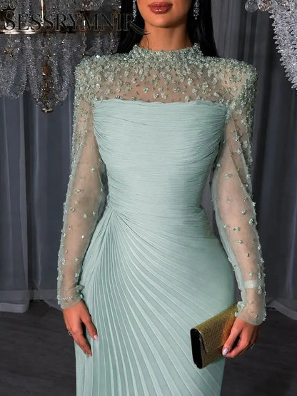 Women'S Formal Evening Gowns Customize Scoop Neck Beading Luxury Evening Dresses Long Sleeves Straight Floor-Length