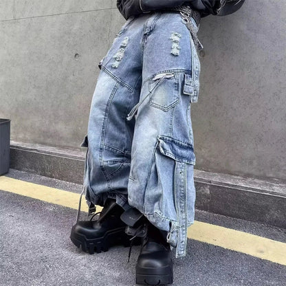 2025 Cyber Y2K Streetwear Washed Blue Baggy Ripped Cargo Jeans Pants For Men Clothing Wide Leg Vintage Loose Punk Denim Trousers