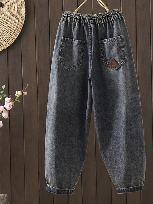 Retro Ethnic Sle Embroidered  Plum Blossom Jeans Women Loose Patchwork Print Nine Points Harlan Pants Spring Sle
