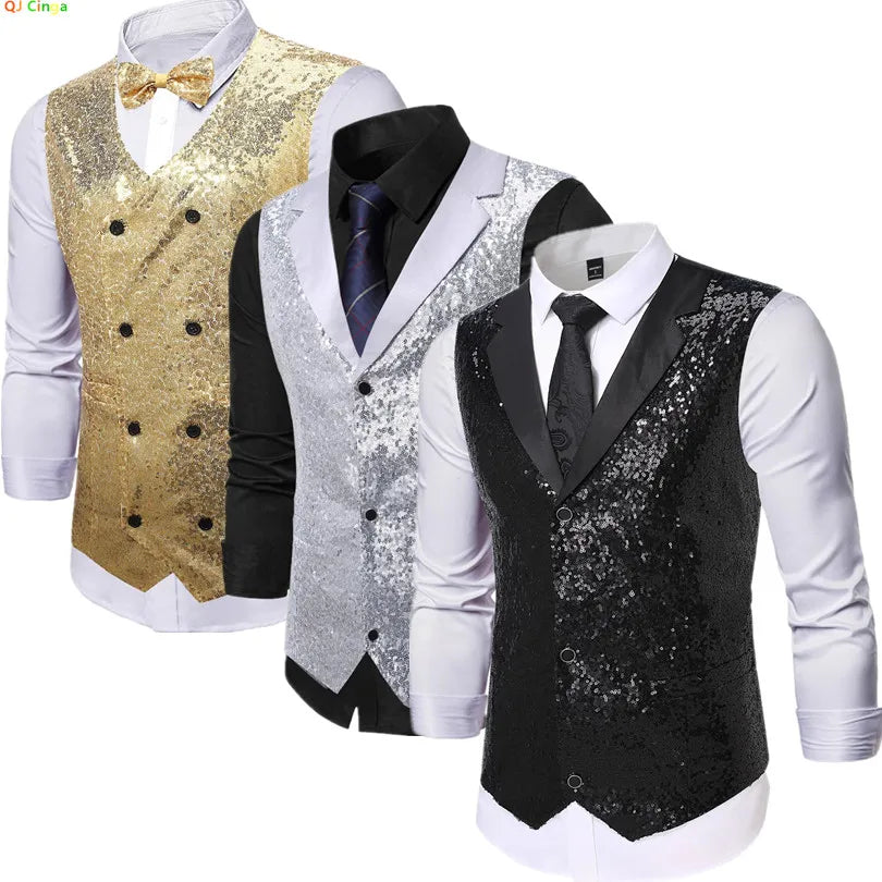 2026 New Black Men's Shiny Sequin Suit Collar Sleeveless Vest, Wedding/Party/Stage Performance, Gold or Silver Optional
