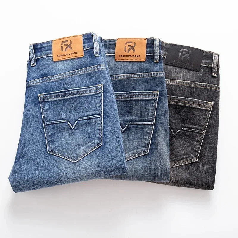 2026 Regular Fit Jeans Classic Style  Spring Summer New Men's Light Blue Stretch Denim Fabric Pants Male Brand