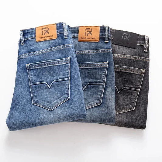 2026 Regular Fit Jeans Classic Style  Spring Summer New Men's Light Blue Stretch Denim Fabric Pants Male Brand