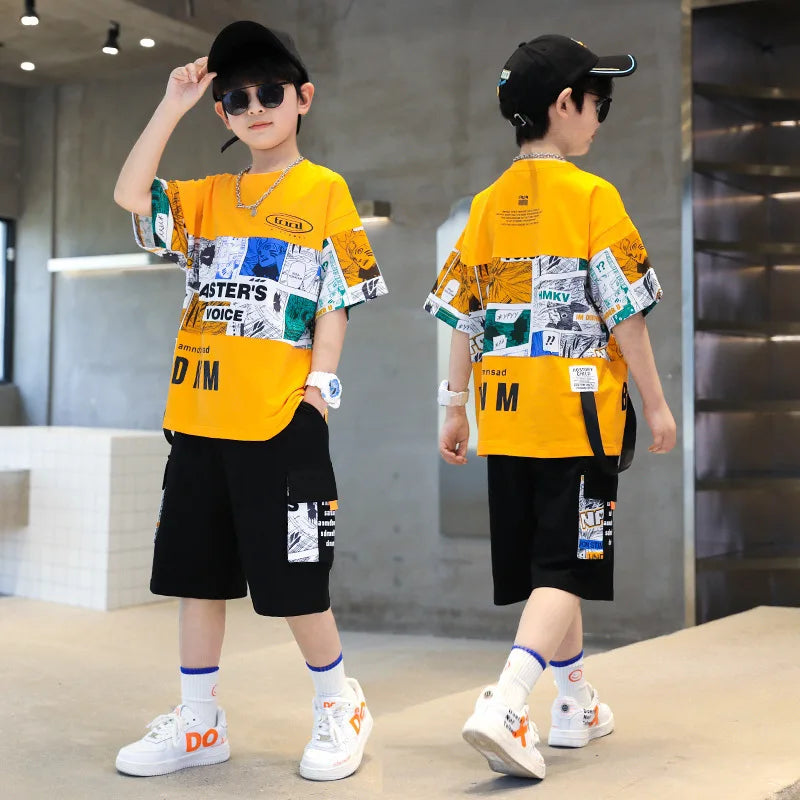 Summer Boys Cotton Alphabet Picture Printed T-Shirt Tops+Shorts School Kids Tracksuit Children 2PCS Outfit Workout Set 3-16 Yr