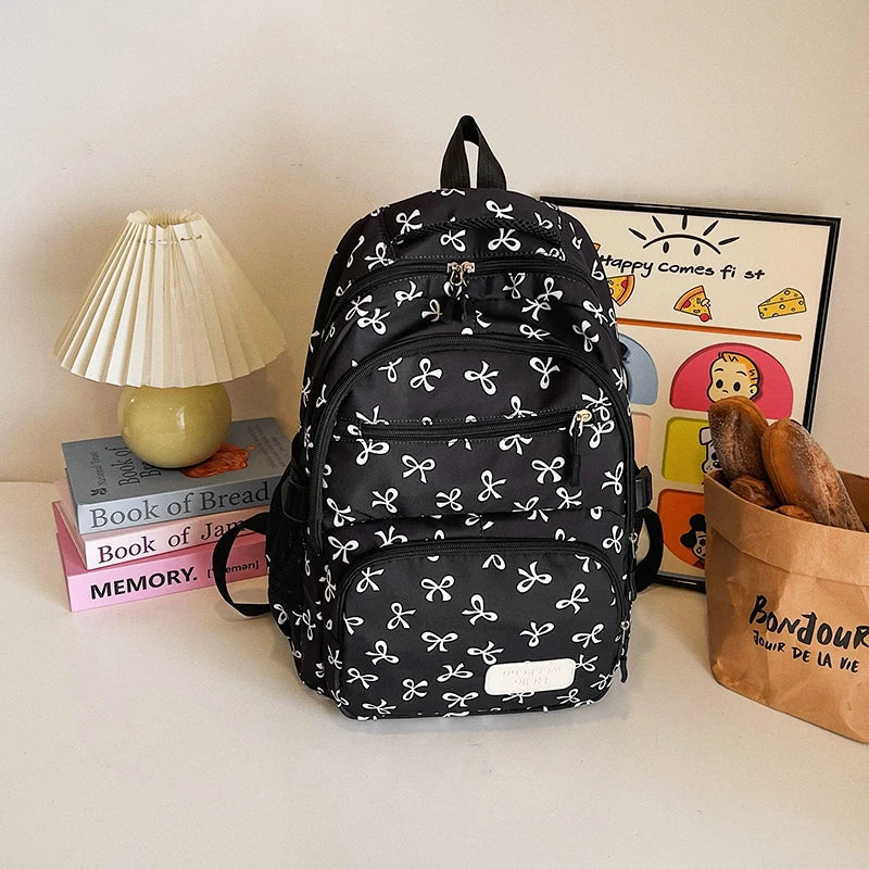 3Pcs/Set Bow Print Backpack with Crossbody Bag and Small Purse Bow Student Bookbag Simple Backpack for Elementary Middle Kids