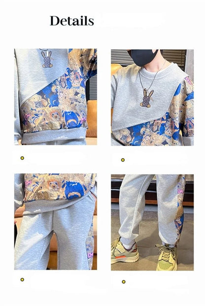 Boys Cotton Cartoon Print Patchwork Workout Sweatshirt+Sweatpant Sets Children 2PCS Tracksuit School Kids Jogging Outfits 5-16Yr