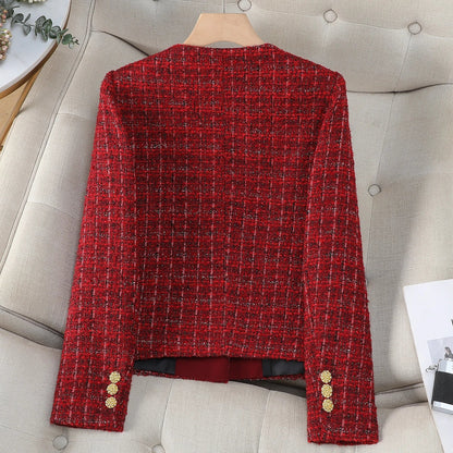 Women Elegant Solid Color Retro Blazer Jacket for Spring Autumn 2026 Long Sleeve Round Neck Single Breasted Short Coat with