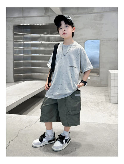 Summer Suit for Boy with Shorts Two Piece Clothing Set Kids Child Cotton Top and Bottom Clothes Set Casual Outfit Tracksuit 5-14
