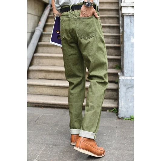 Men Jeans Vulcanization Olive Green 107 Selvedge Denim Jeans Men Washed Slim Fit 14 Oz Zipper Fly