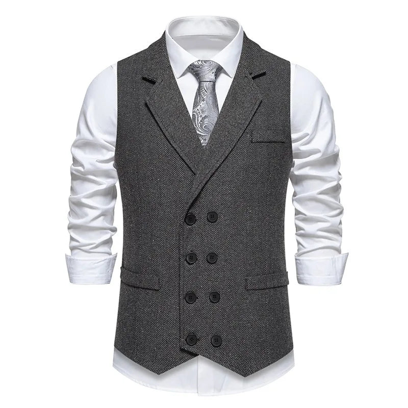 Waistcoat Man British Style Turn Down Collar Men Vest Slim Solid Double-breasted Sleeveless Versatile Male Suit Vest