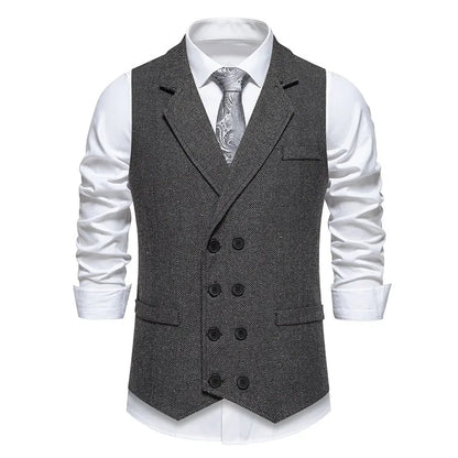 Waistcoat Man British Style Turn Down Collar Men Vest Slim Solid Double-breasted Sleeveless Versatile Male Suit Vest