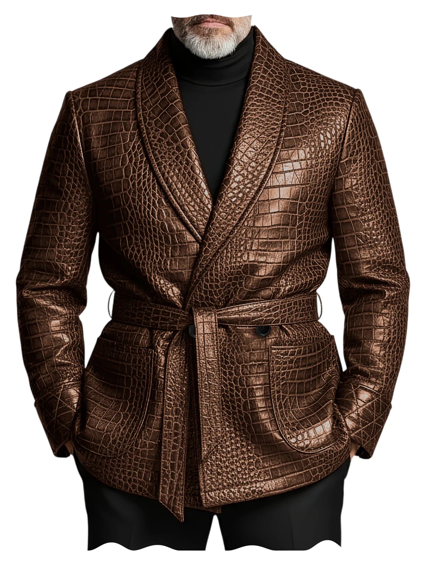  Men's Crocodile Pattern Leather Blazer Double Breasted Belted Shawl Collar Jacket Business Formal Party Wedding Casual Wear