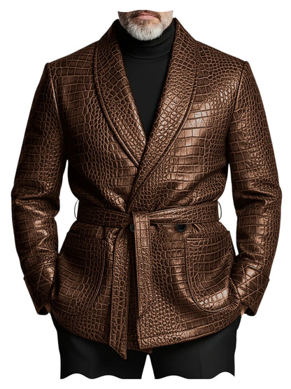  Men's Crocodile Pattern Leather Blazer Double Breasted Belted Shawl Collar Jacket Business Formal Party Wedding Casual Wear