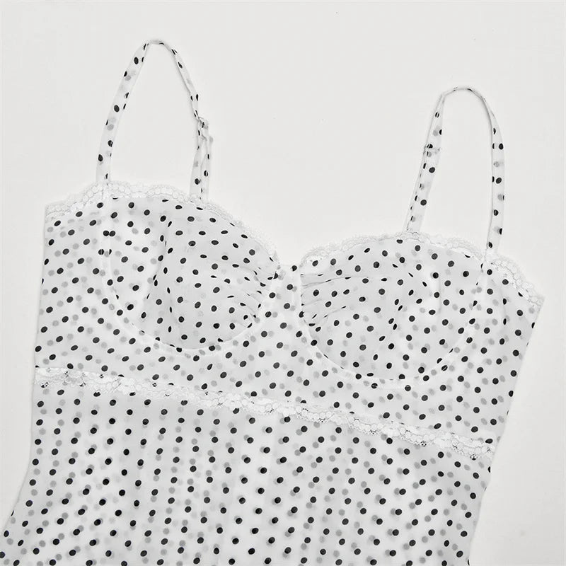 Polka Dot Spaghetti Strap Sexy Midi Dress Women Elegant Off-shoulder Backless Sleeveless Bodycon Club Party Dress