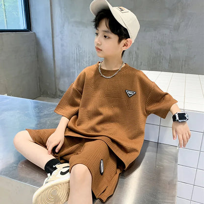 Summer Casual Boys Jacquard Loose T-Shirt Tops+Shorts Pant School Kids 2PCS Tracksuit Child Outfits Student Workout Set 3-14 Yr