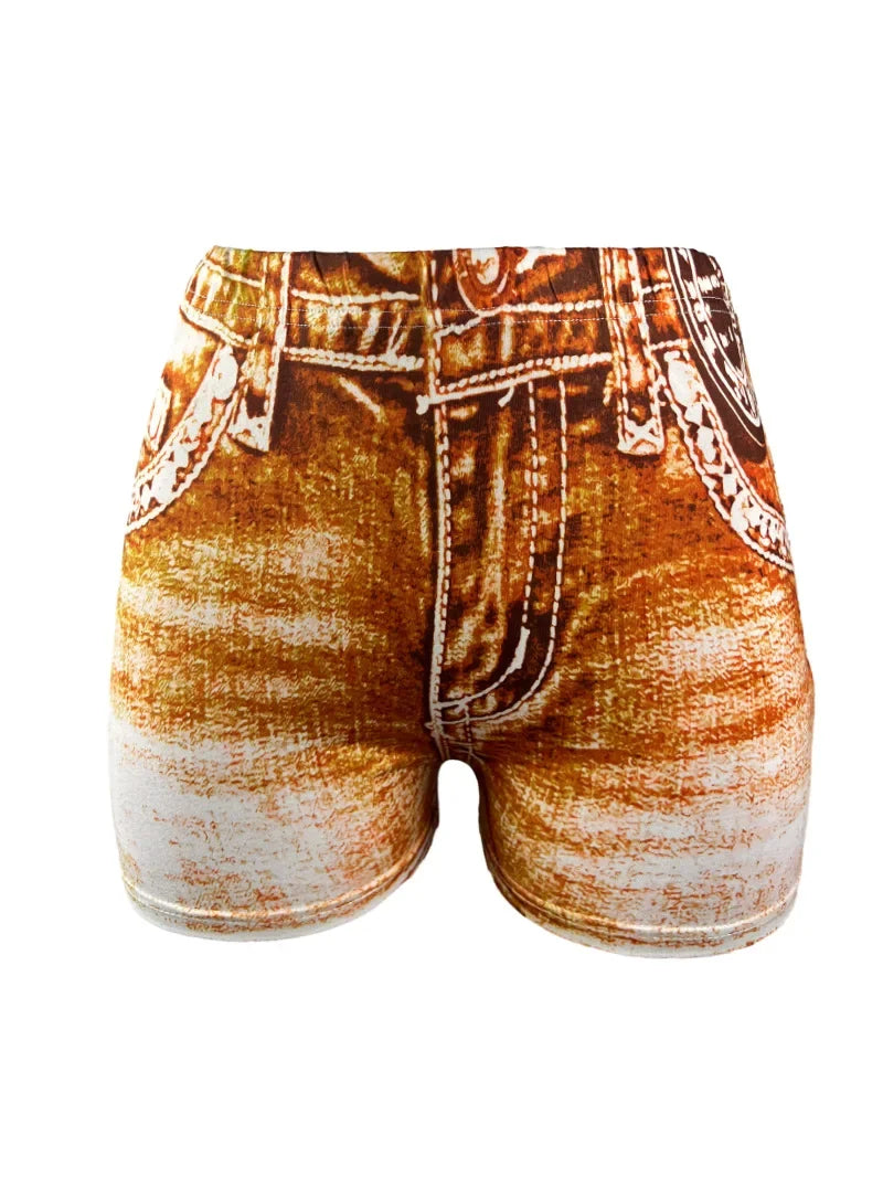 Women's Faux Denim Print High Stretch Slim Shorts, Versatile Yoga Shorts, Polyester Non-Denim Material
