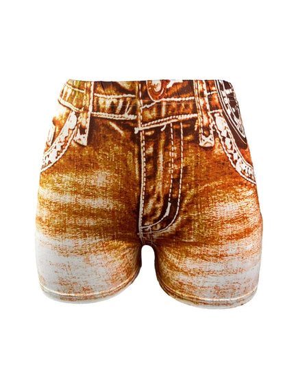 Women's Faux Denim Print High Stretch Slim Shorts, Versatile Yoga Shorts, Polyester Non-Denim Material