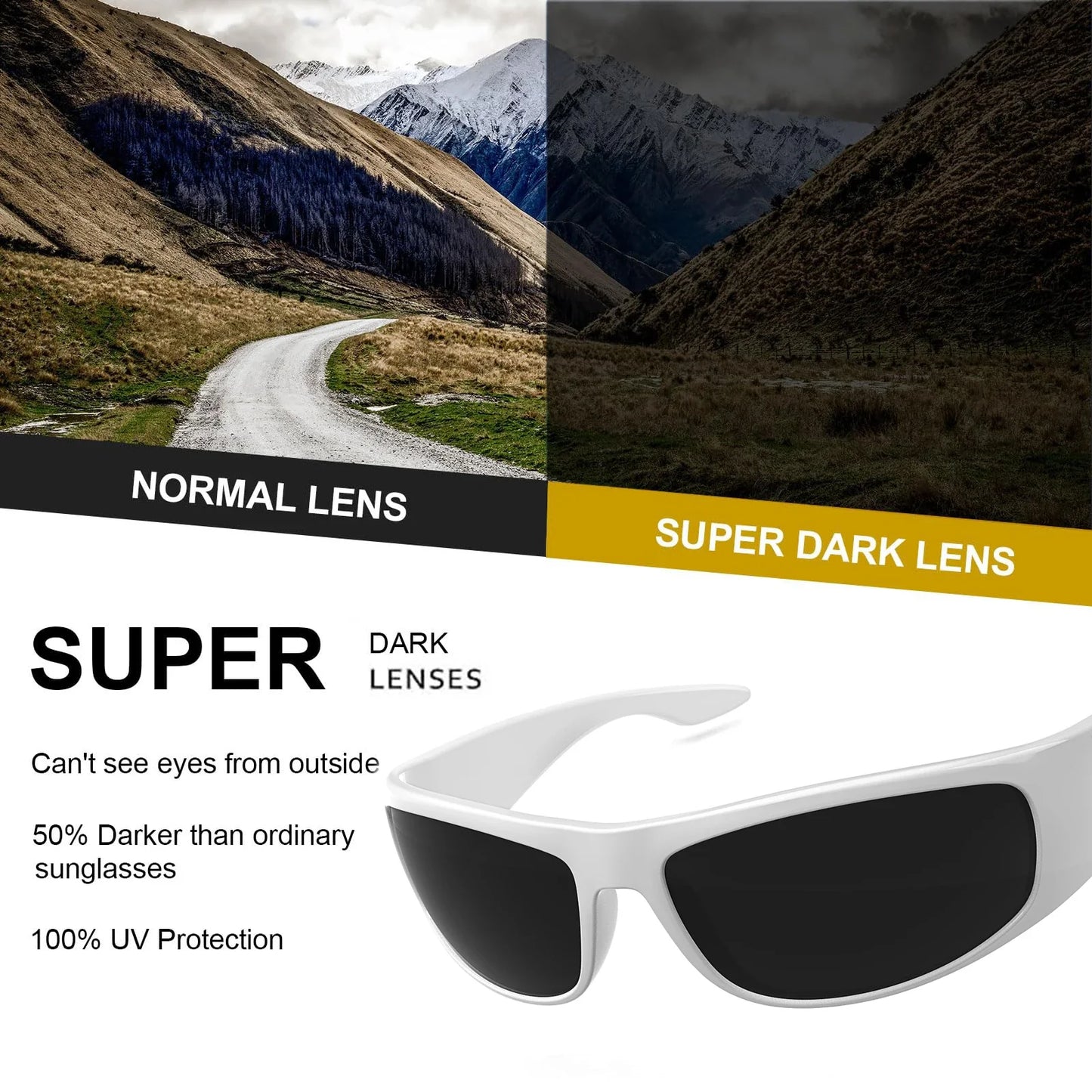 Super Dark Sunglasses for Men Black Wrap Around Sun Glasses UV400 Protection eyewear W8005