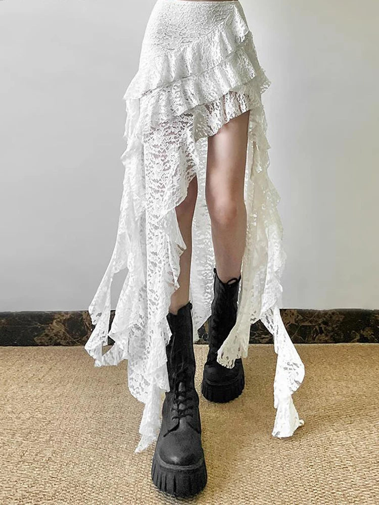 Women Tassel Skirt Irregular Hem Multi Layered Ruffles Lace Patchwork Sweet Summer Daily Wear Skinny Versatile Purple Skirt