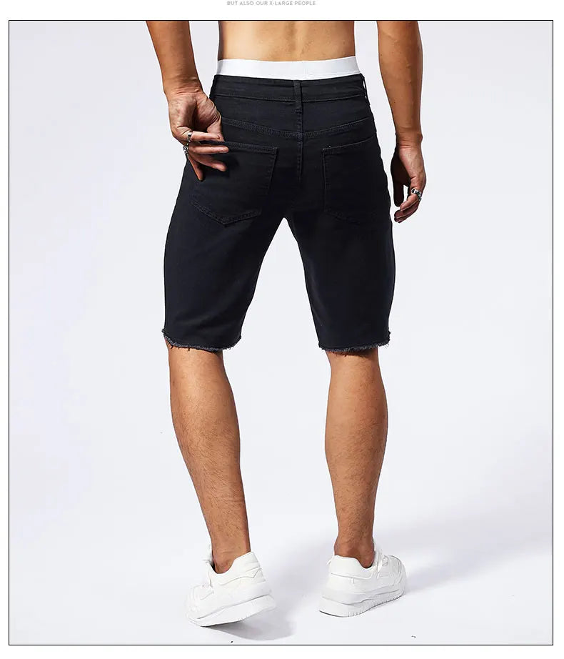 Vintage Denim Shorts Men's American Stretch Slim Jeans Fashion Ripped Streetwear Male Hole Frayed Short Pants Blue Black