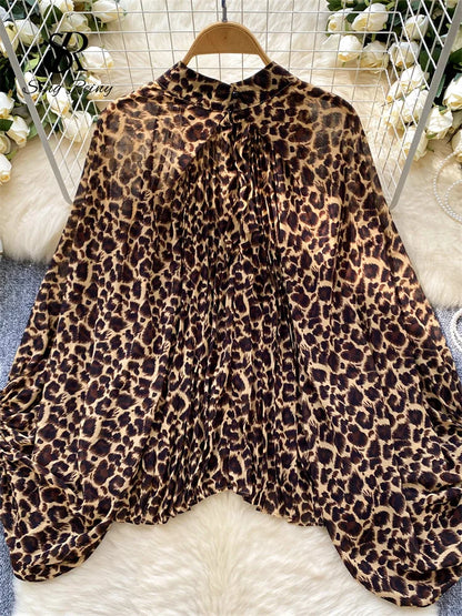 Autumn Leopard Print Blouse Women Bow Neck Long Sleeves Loose Top Korean Style Ins Polka Dot Chiffon Shirt 2025